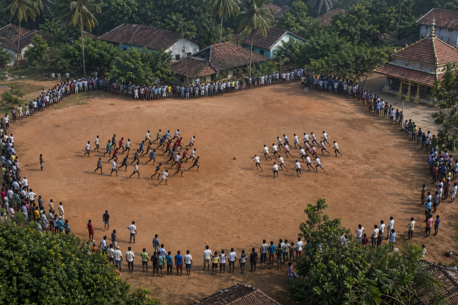 An unmarked earthen field surrounded by spectators as groups of barefoot devotees pursue a leather ball during Polali Chendu.