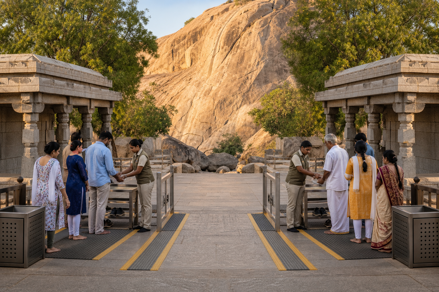 Civil stewards applying matching visitor and conservation procedures at two established routes leading into sacred precincts on a granite hill.