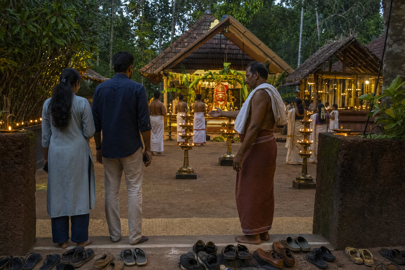 A shrine attendant guides barefoot visitors at the edge of a North Malabar Theyyam courtyard while the ritual continues beyond them.