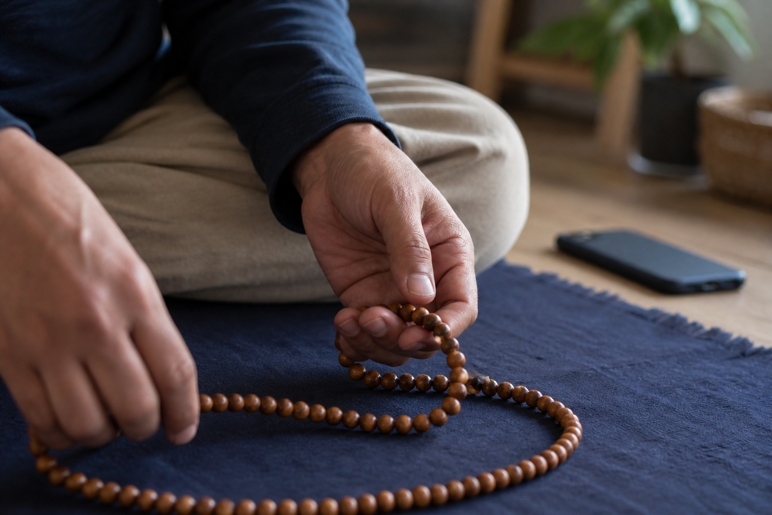 A practitioner's hand returns to wooden prayer beads while a smartphone rests face down beyond the mat.