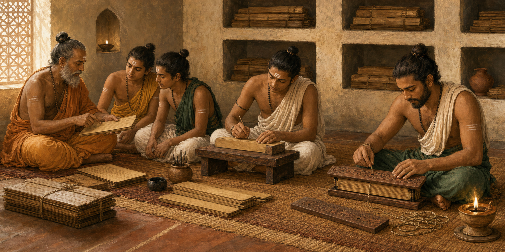 A teacher, students, scribe, and artisan study, copy, bind, and preserve palm-leaf manuscripts in a workshop.
