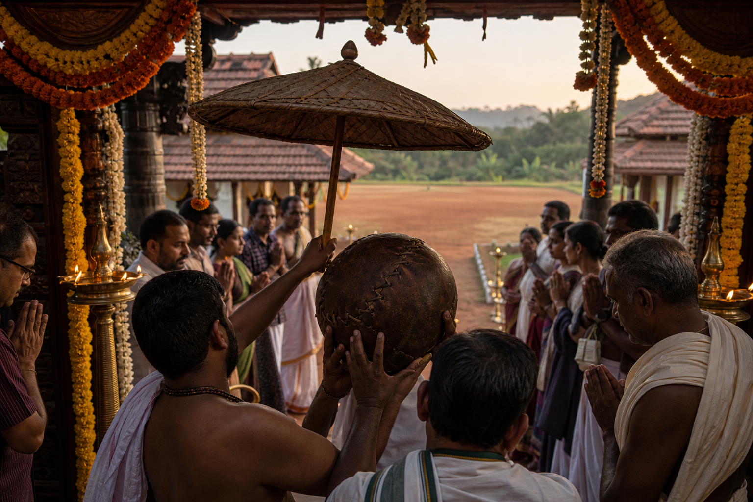 Temple attendants carry a hand-stitched leather ball beneath a palm-leaf umbrella as devotees stand respectfully along the route to the field.