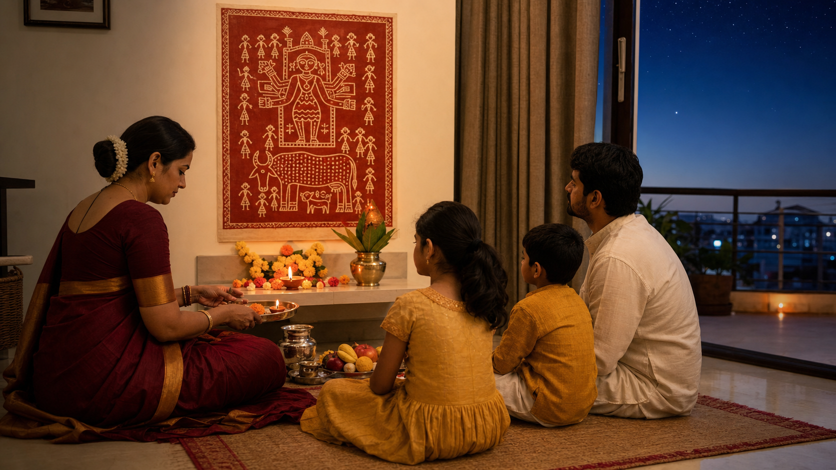 A family performs Ahoi Ashtami puja at a home altar with a diya, offerings, and stars visible in the evening sky.