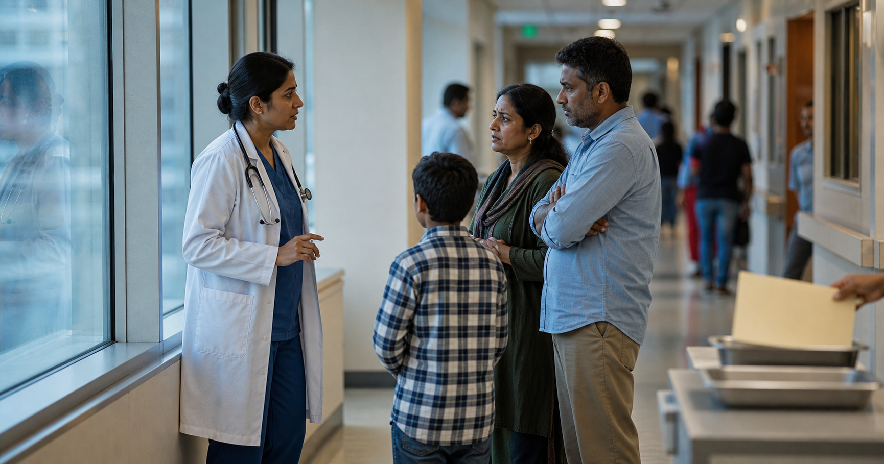 A clinician pauses by a window, speaks with a worried family, and leaves a completed folder in an outgoing tray.