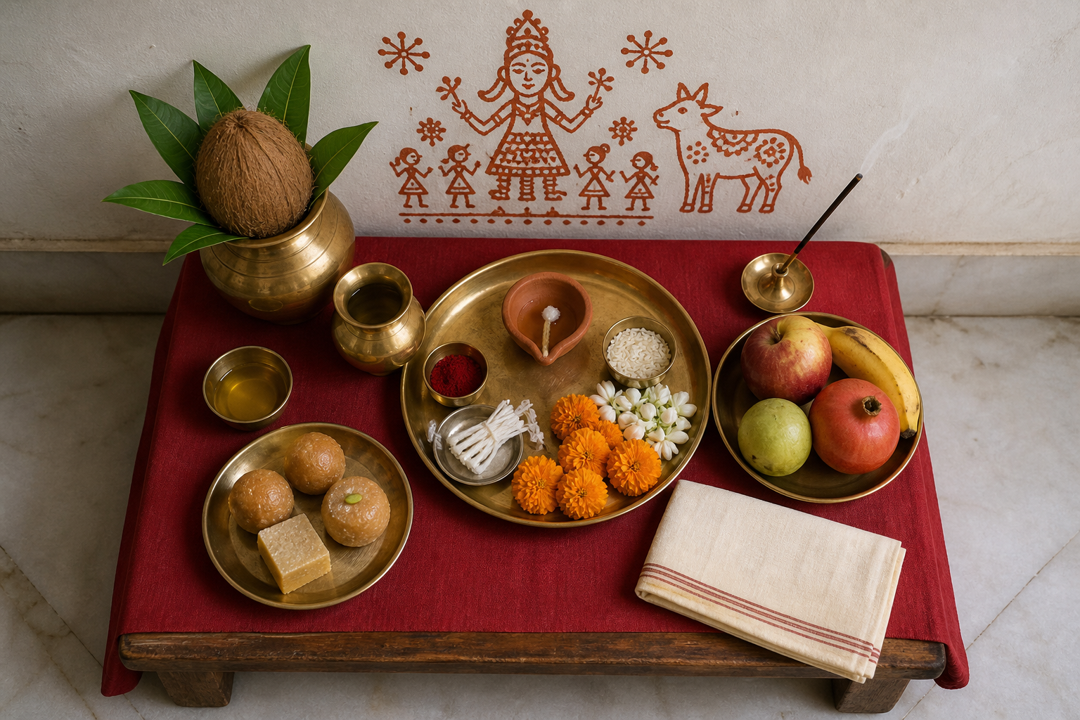 Ahoi Ashtami puja supplies, including a diya, flowers, fruit, sweets, rice, roli, water vessels, and a traditional wall motif, are arranged on a red-covered chowki.