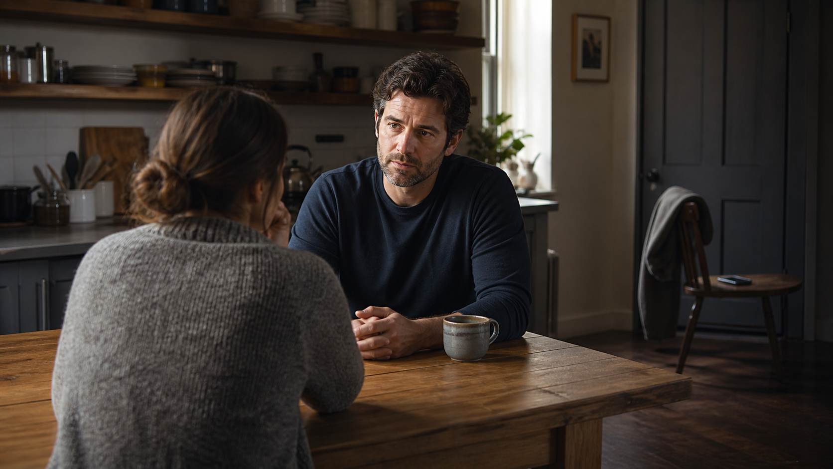 Two people remain seated and attentive during a serious conversation while an empty chair faces a closed door in the shadows.
