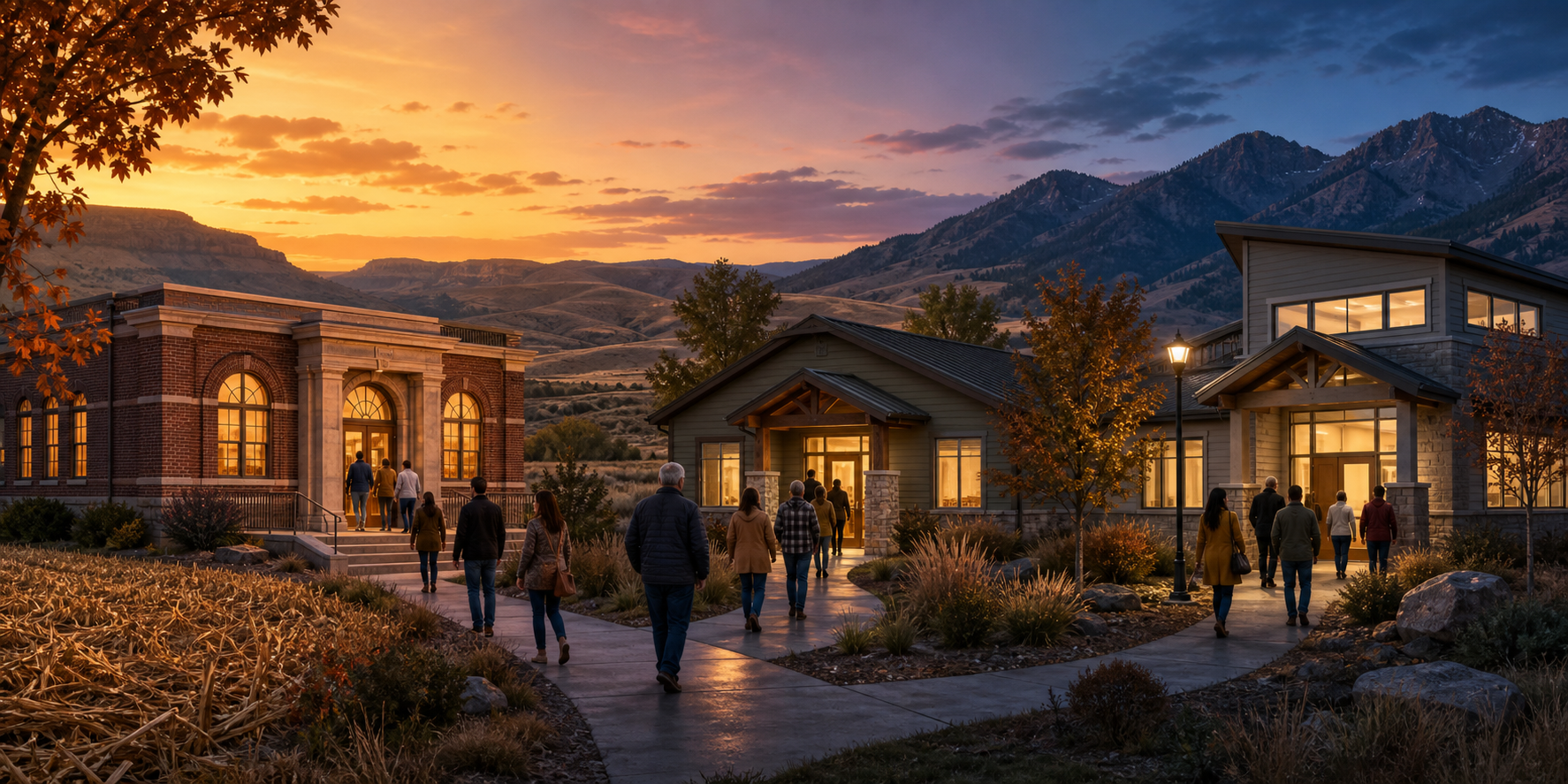 Three small Idaho civic buildings welcome residents for evening public meetings amid farmland, rangeland, and mountain foothills.