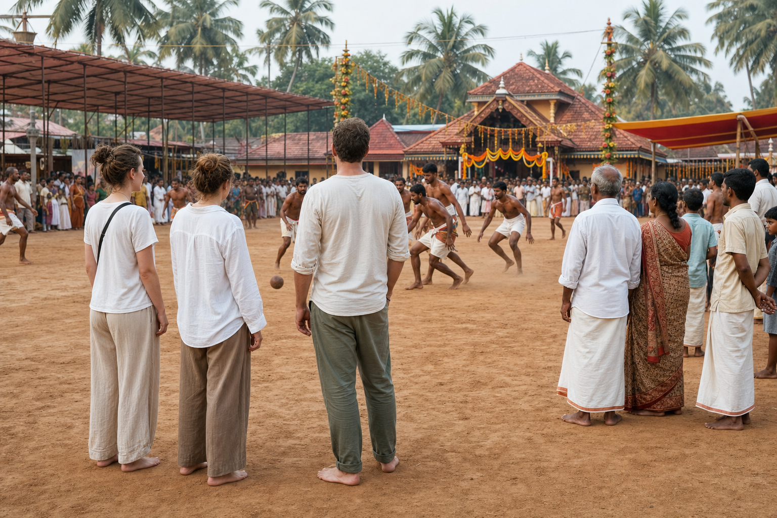 Modestly dressed visitors and local families watch from the edge while devotees play Polali Chendu on the earthen field.
