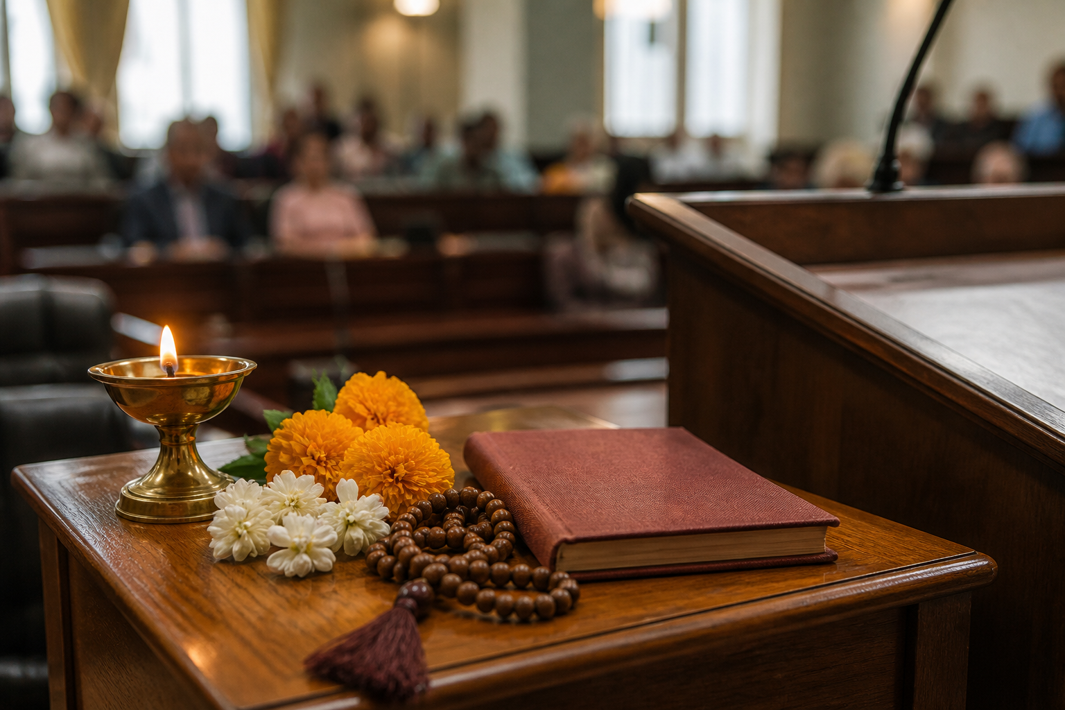 A brass oil lamp, flowers, prayer beads, and a closed devotional book rest beside a municipal lectern in a council chamber.
