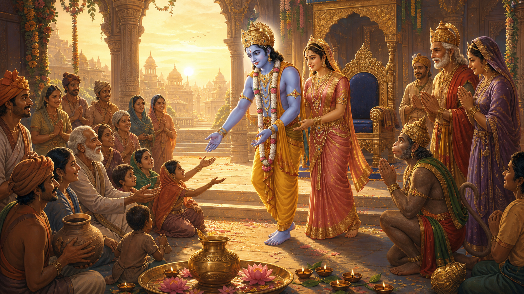 Editorial illustration of crowned Rama and Sita stepping down from a palace throne toward citizens, with Hanuman, oil lamps, flowers, and a ceremonial vessel nearby.
