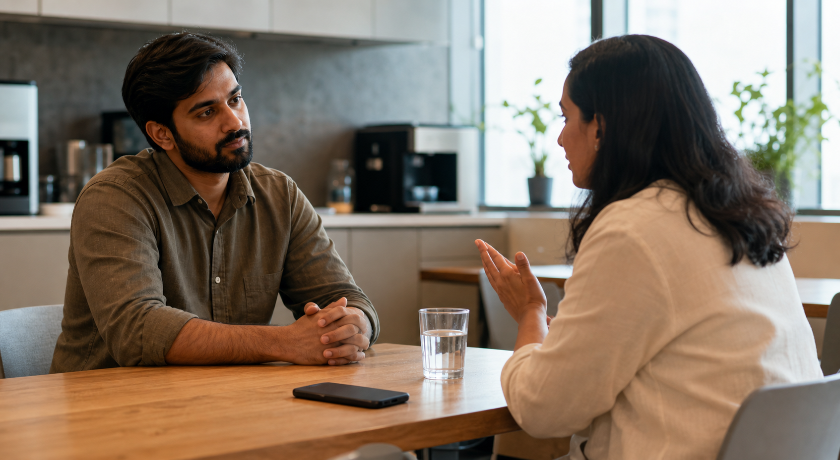 Two colleagues have a conversation while one listens with relaxed hands and a phone resting face down on the table.