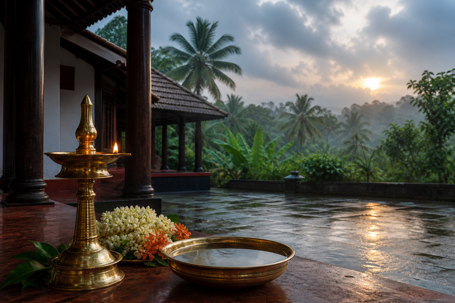 A glowing brass oil lamp and fresh flowers on a Kerala home veranda at sunrise, with coconut palms and rain-washed greenery in the background.