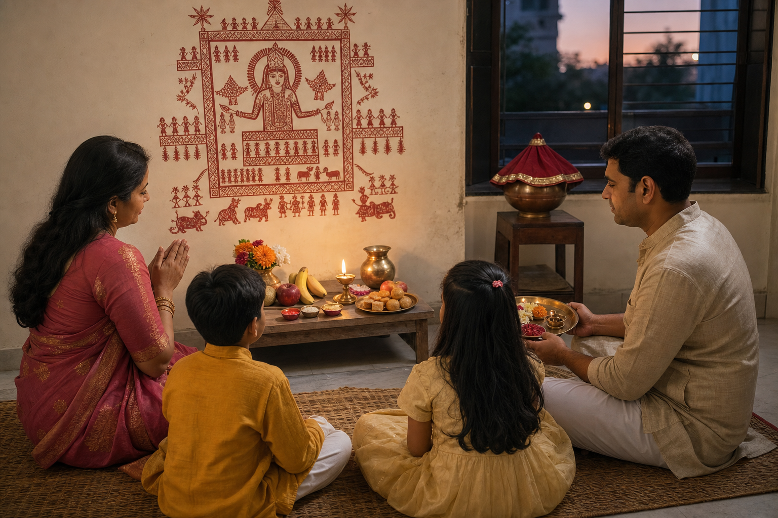 Parents and children sit together as flowers are offered at a simple Ahoi Mata altar during the evening home puja.