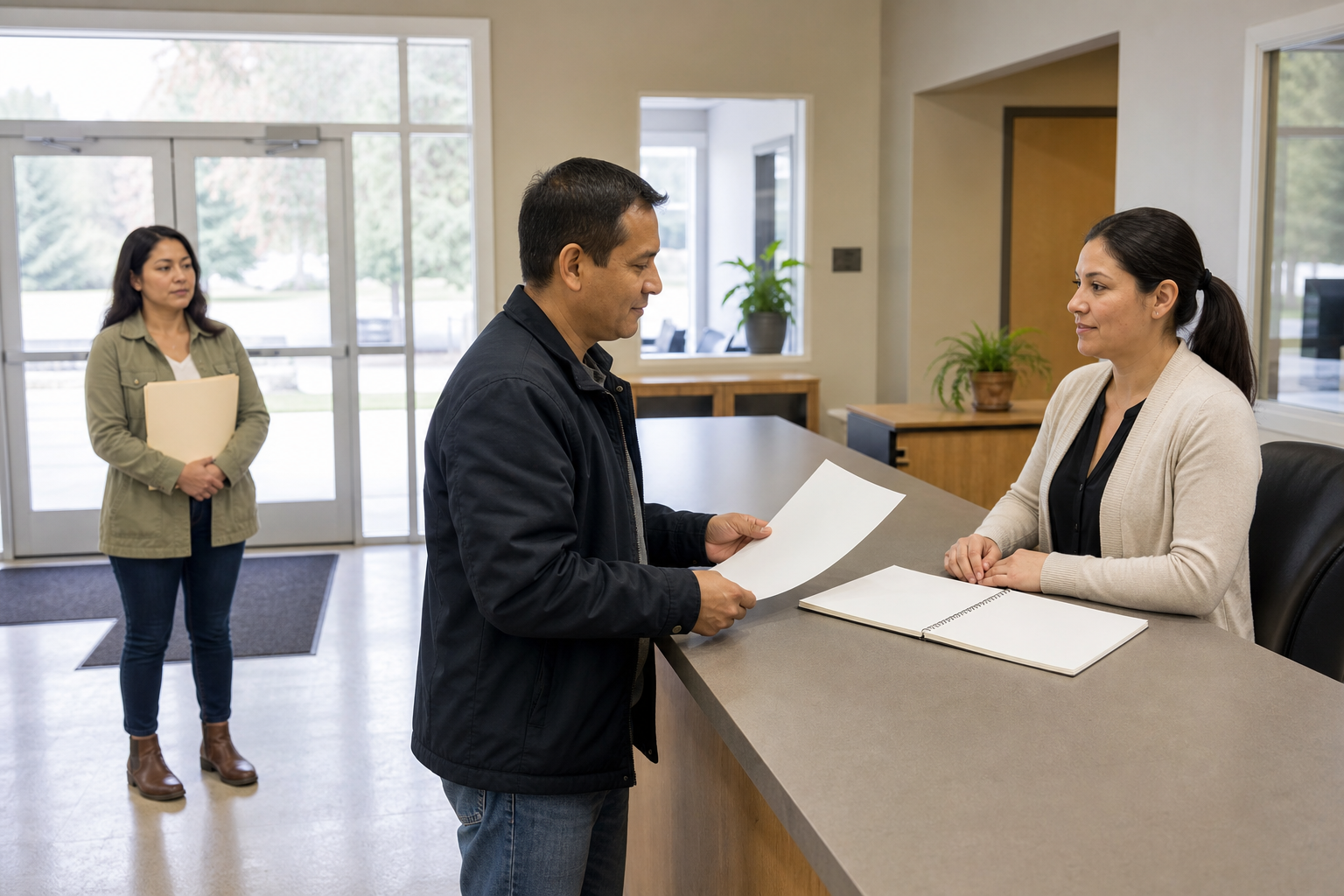 A resident and municipal clerk review a blank request form and calendar at a small-town public service counter.