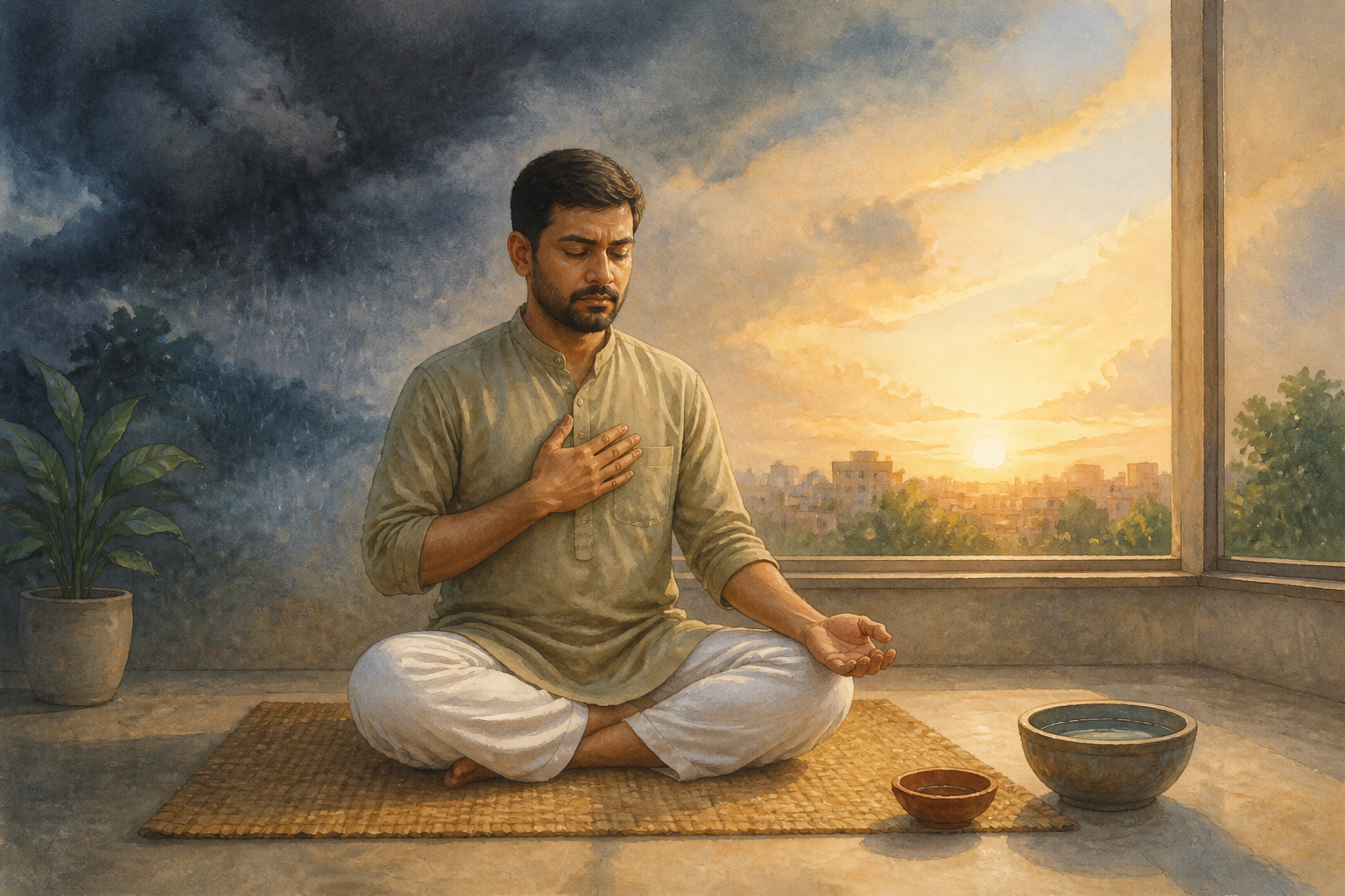 A person meditates on a woven mat at dawn as dark, turbulent shadows behind them give way to warm light and a calm room.