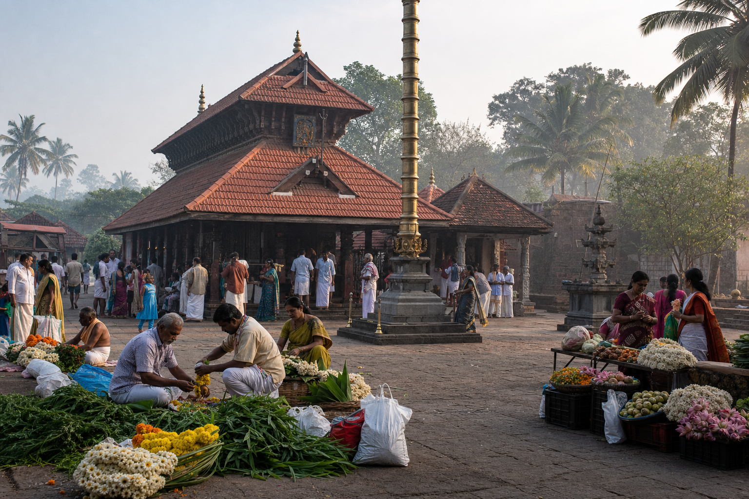 Pilgrims, attendants, and vendors prepare around the red-roofed Polali temple during the early morning jatra.