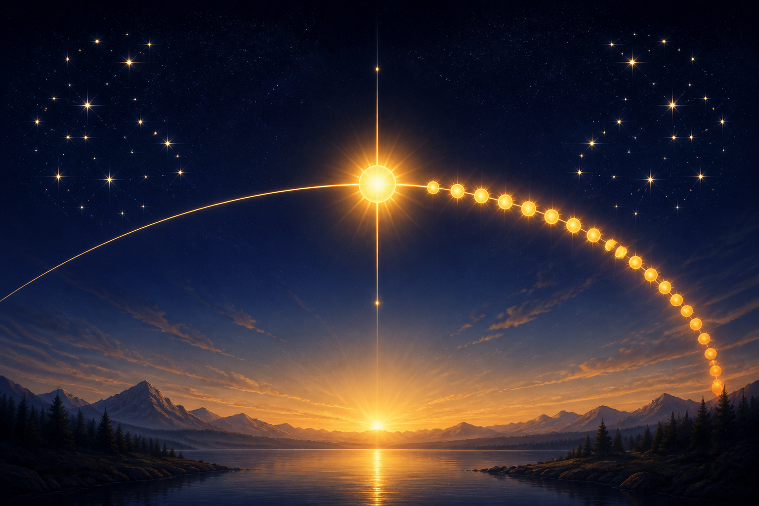 A conceptual illustration of the sun crossing one point on a celestial path, followed by a broad arc of sun positions representing the passage of a month.
