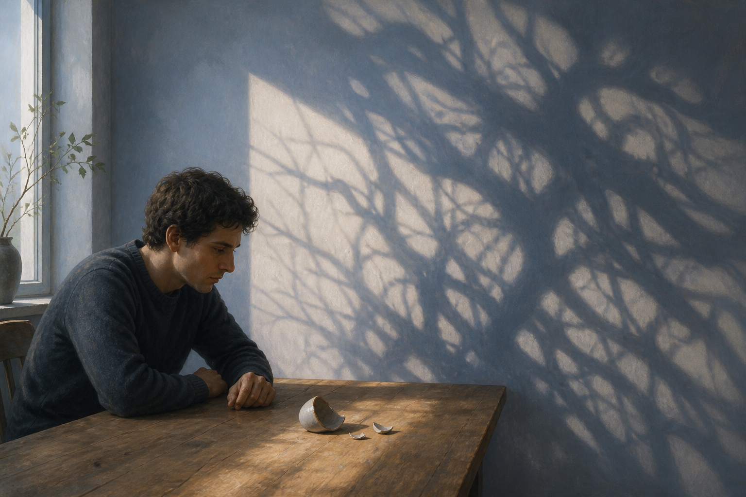 A person observes a broken ceramic cup while tangled branch shadows loom much larger on the wall behind them.