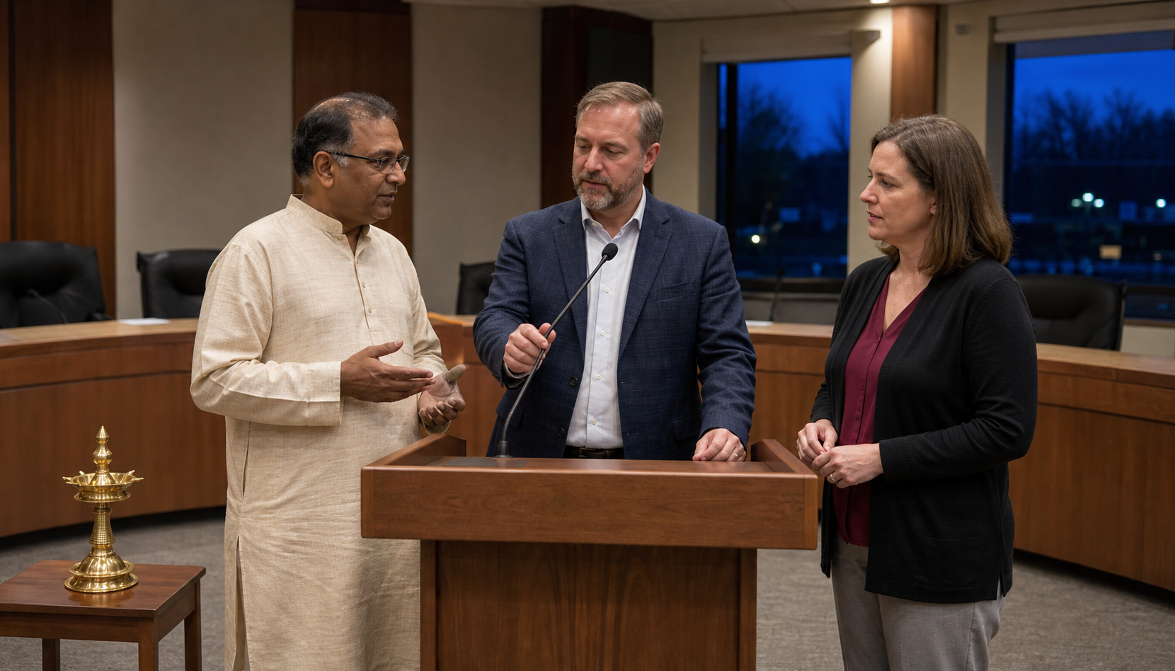 A Hindu invocation speaker and two municipal officials review the meeting setup beside a council chamber lectern.