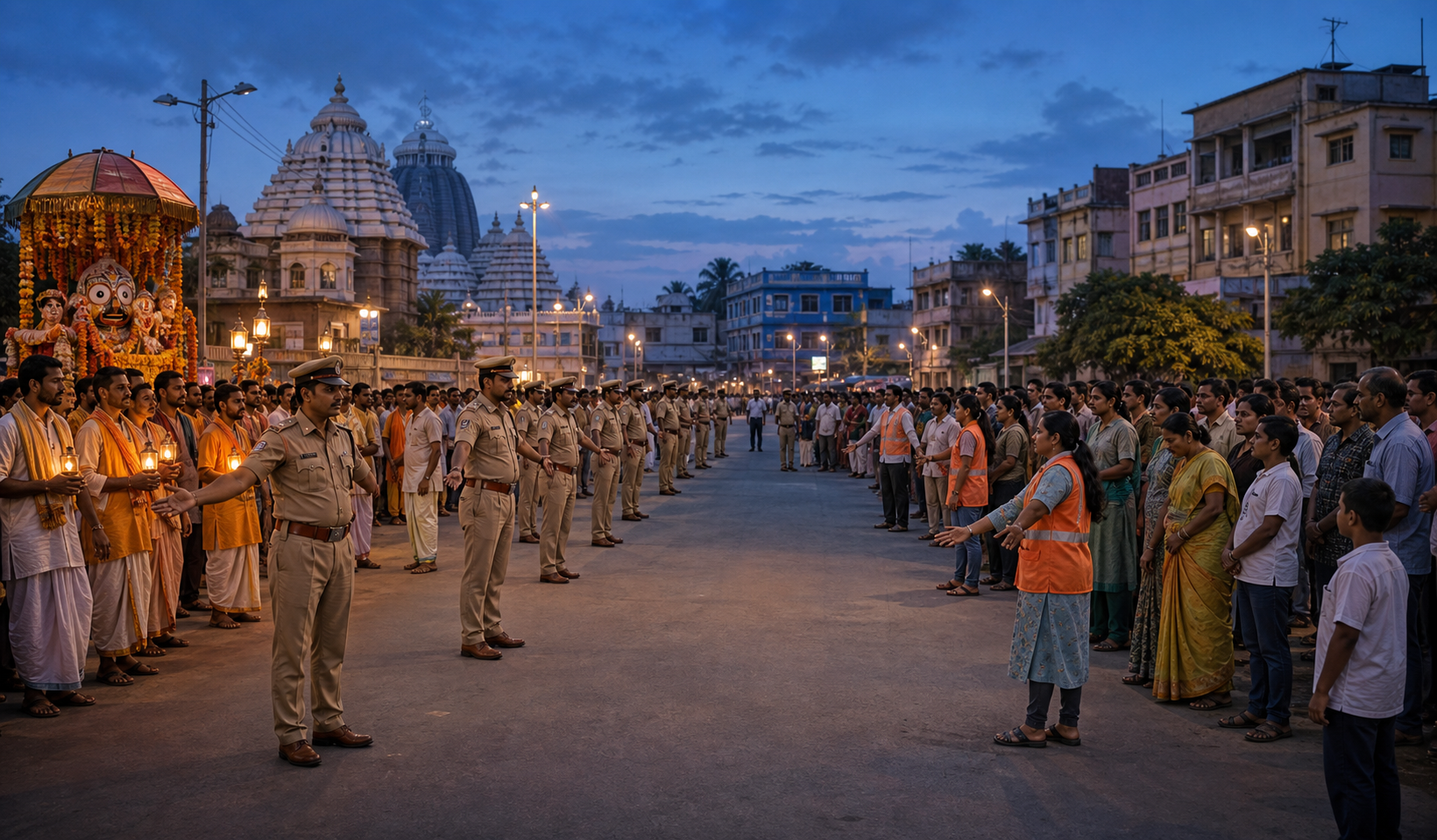 Police and community volunteers maintain a calm corridor between an orderly religious procession and residents on an Odisha city street at dusk.