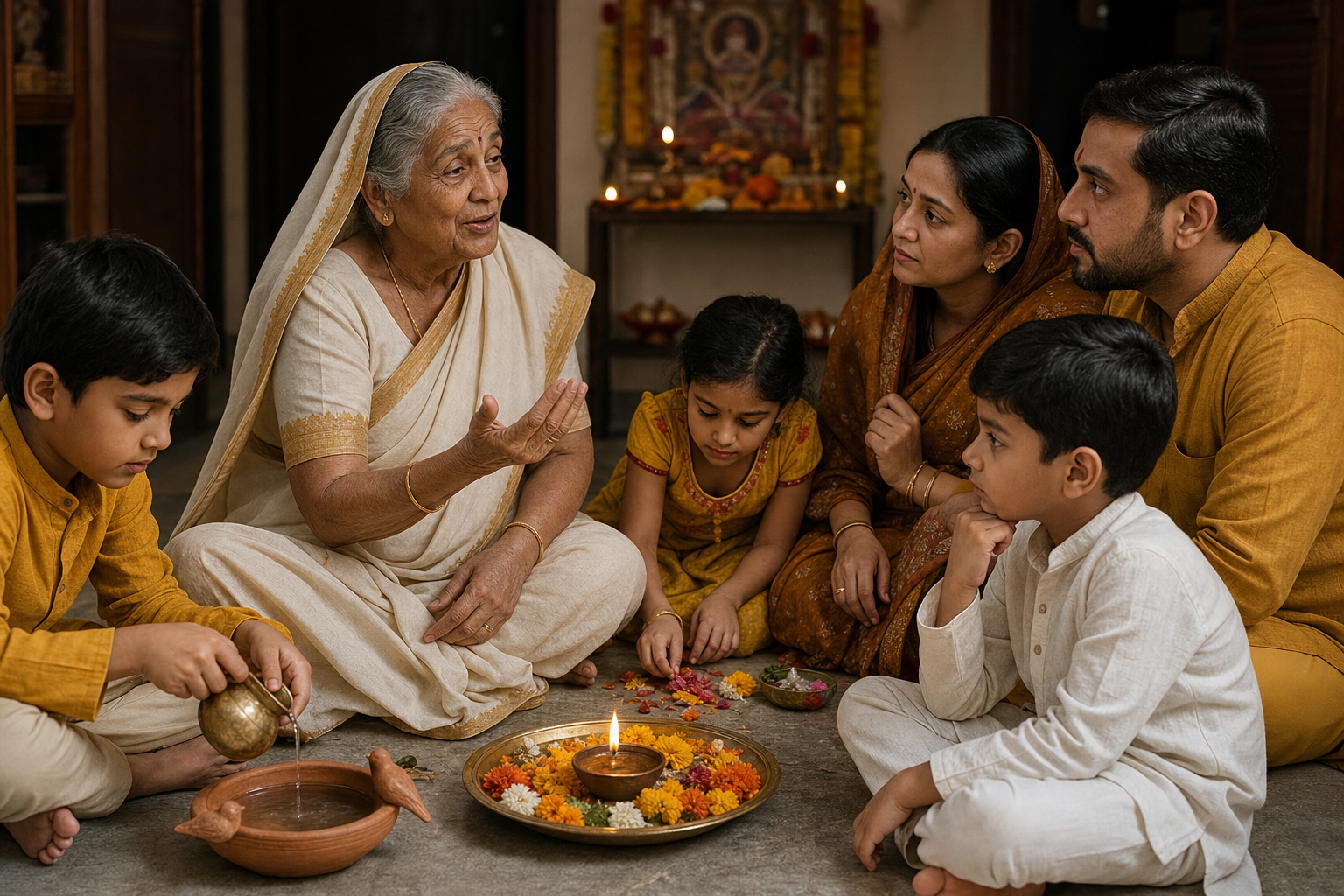 A grandmother tells the Ahoi Ashtami Vrat Katha while family members listen and children tend a small bird-water bowl near the altar.