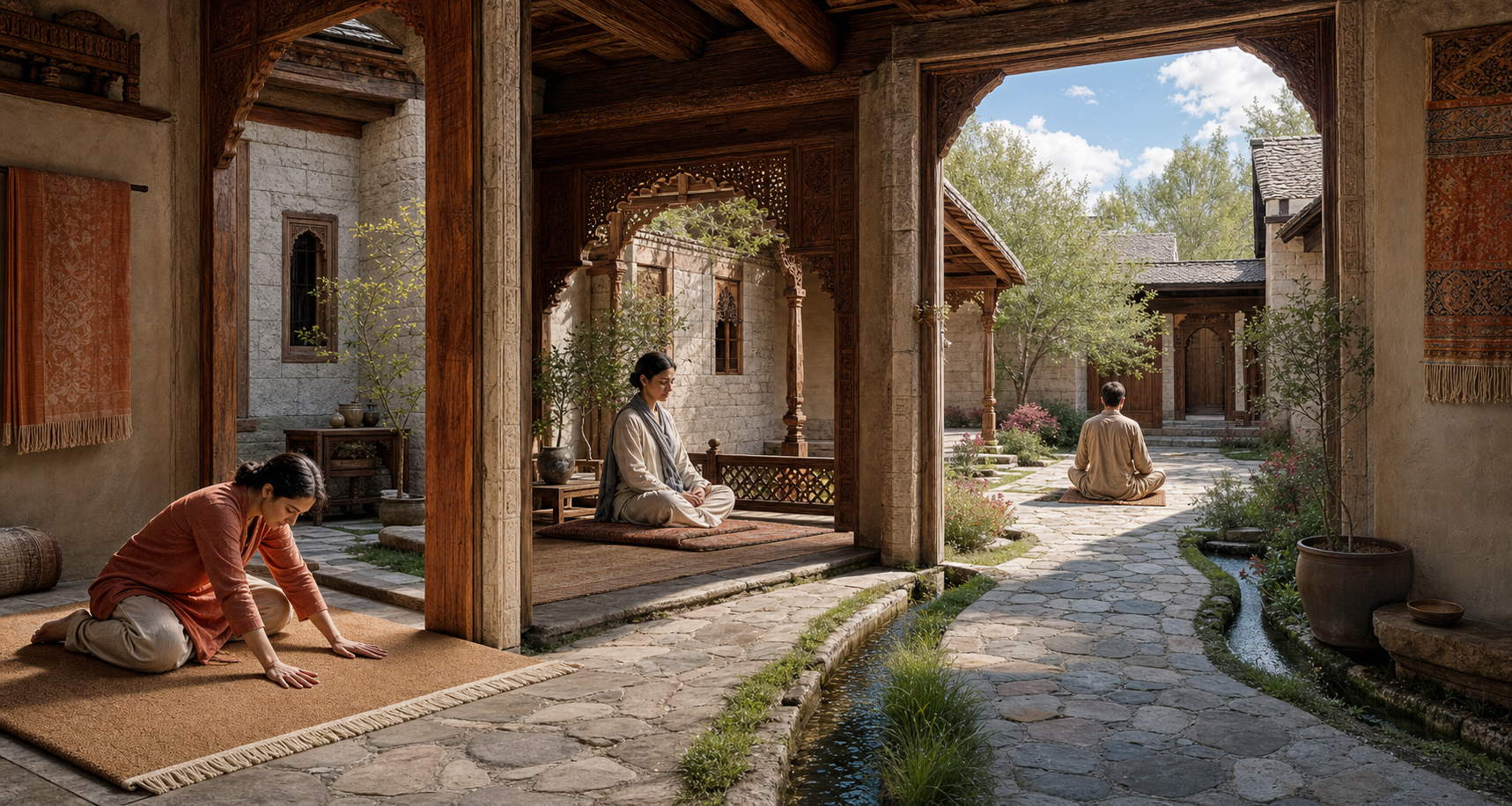 Three practitioners use breath, focused contemplation, and quiet open attention in adjoining spaces that lead toward one sunlit courtyard.