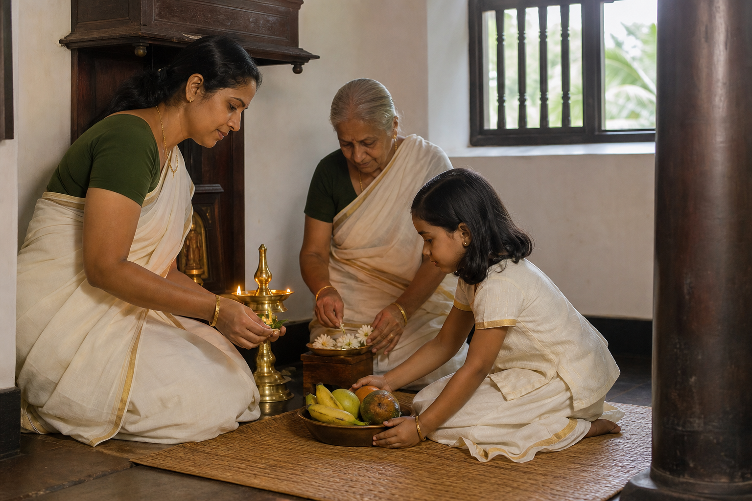 Three generations of a Kerala family prepare a simple dawn observance with a brass lamp, flowers, and fruit in a home prayer corner.