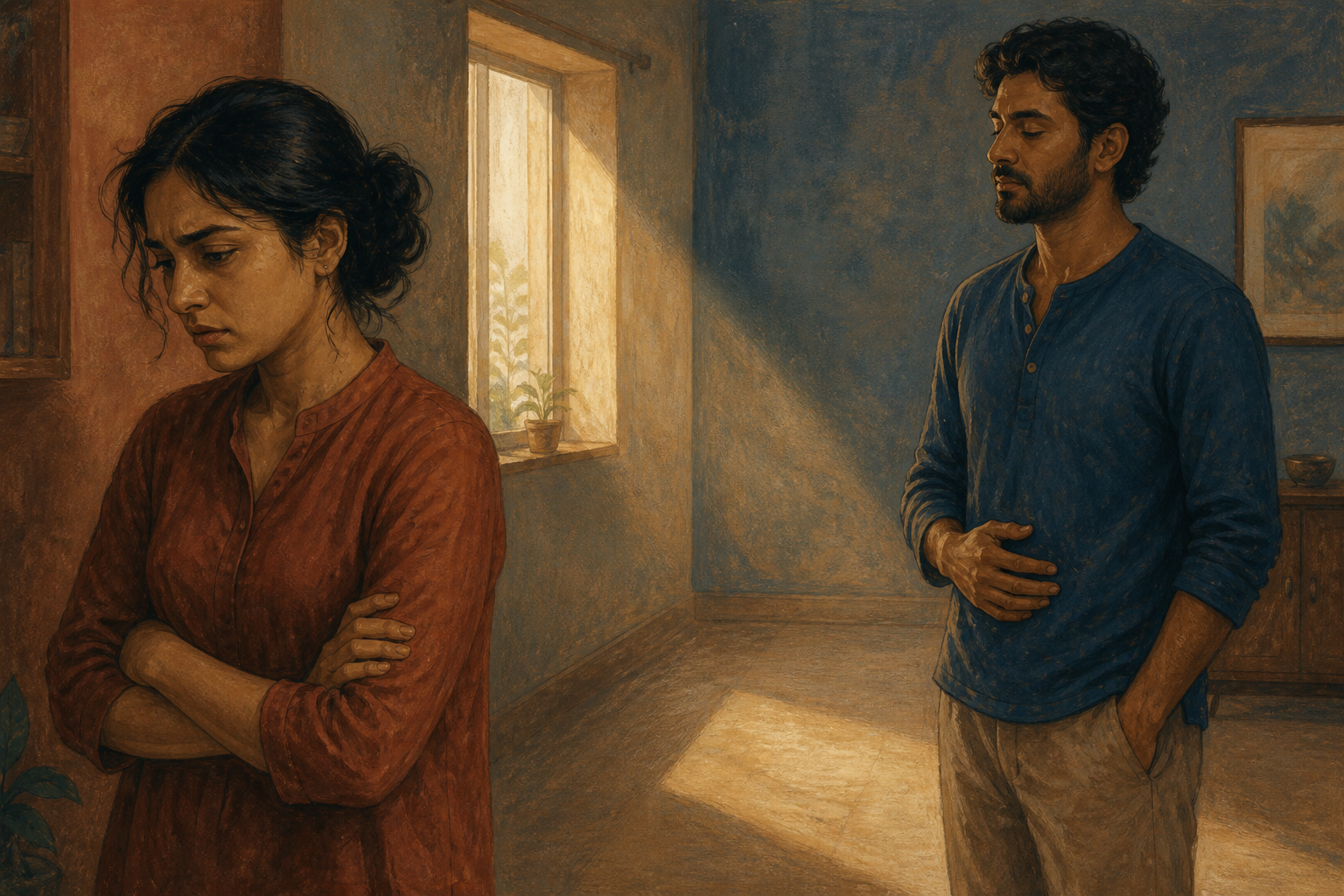 Two adults face each other during a tense moment while one pauses quietly before responding.