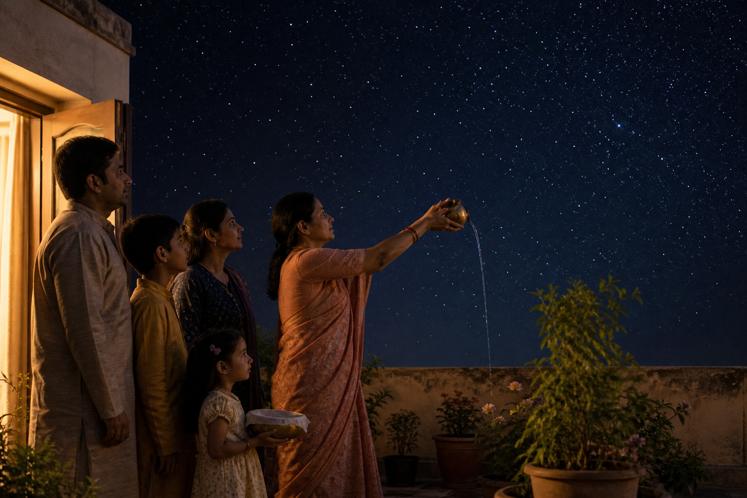 A mother offers water to the evening stars on a terrace while her family waits nearby with prasad.