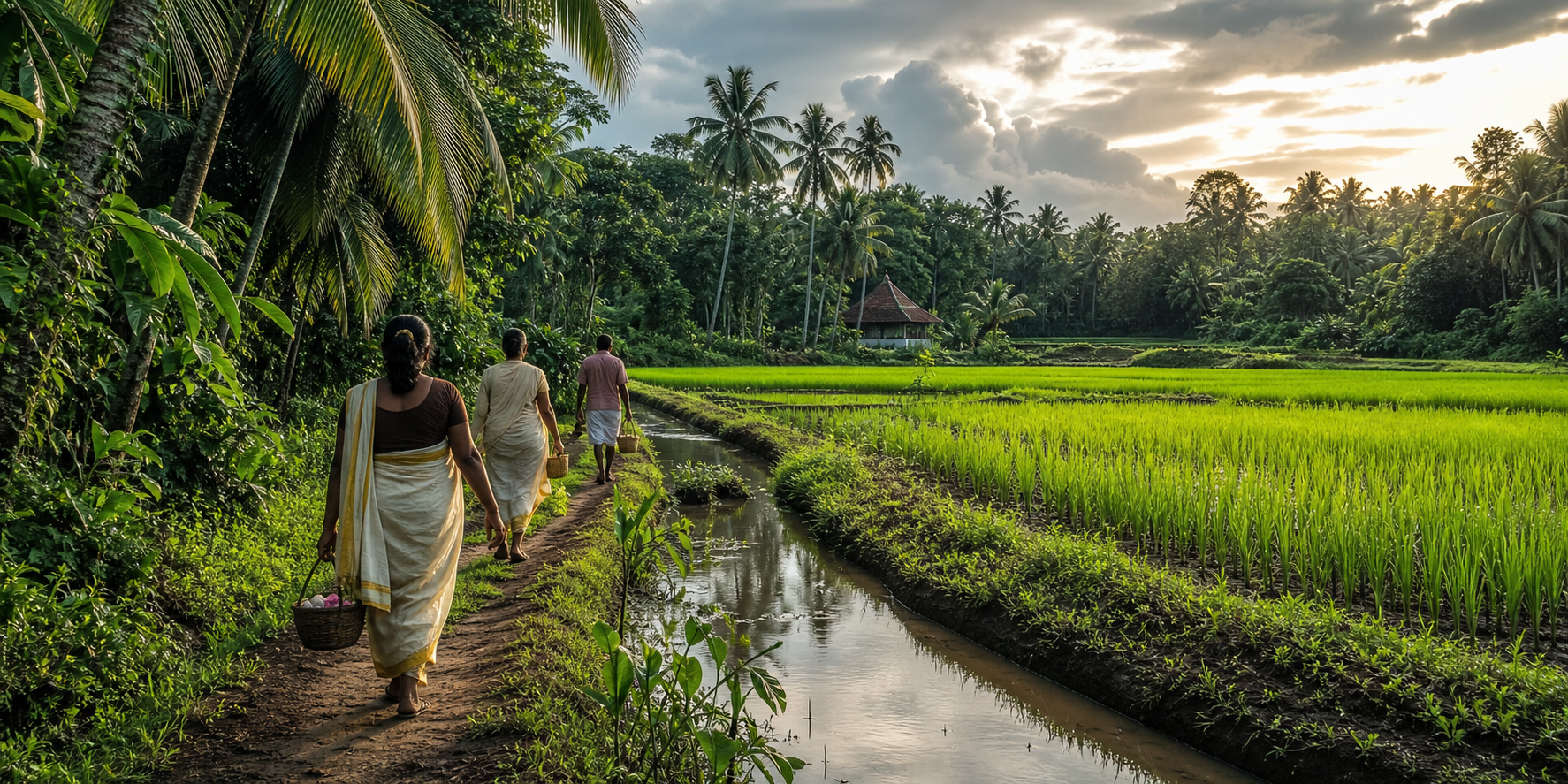 People walk beside rain-refreshed paddy fields and coconut palms, with a small Kerala temple roof visible among the trees.