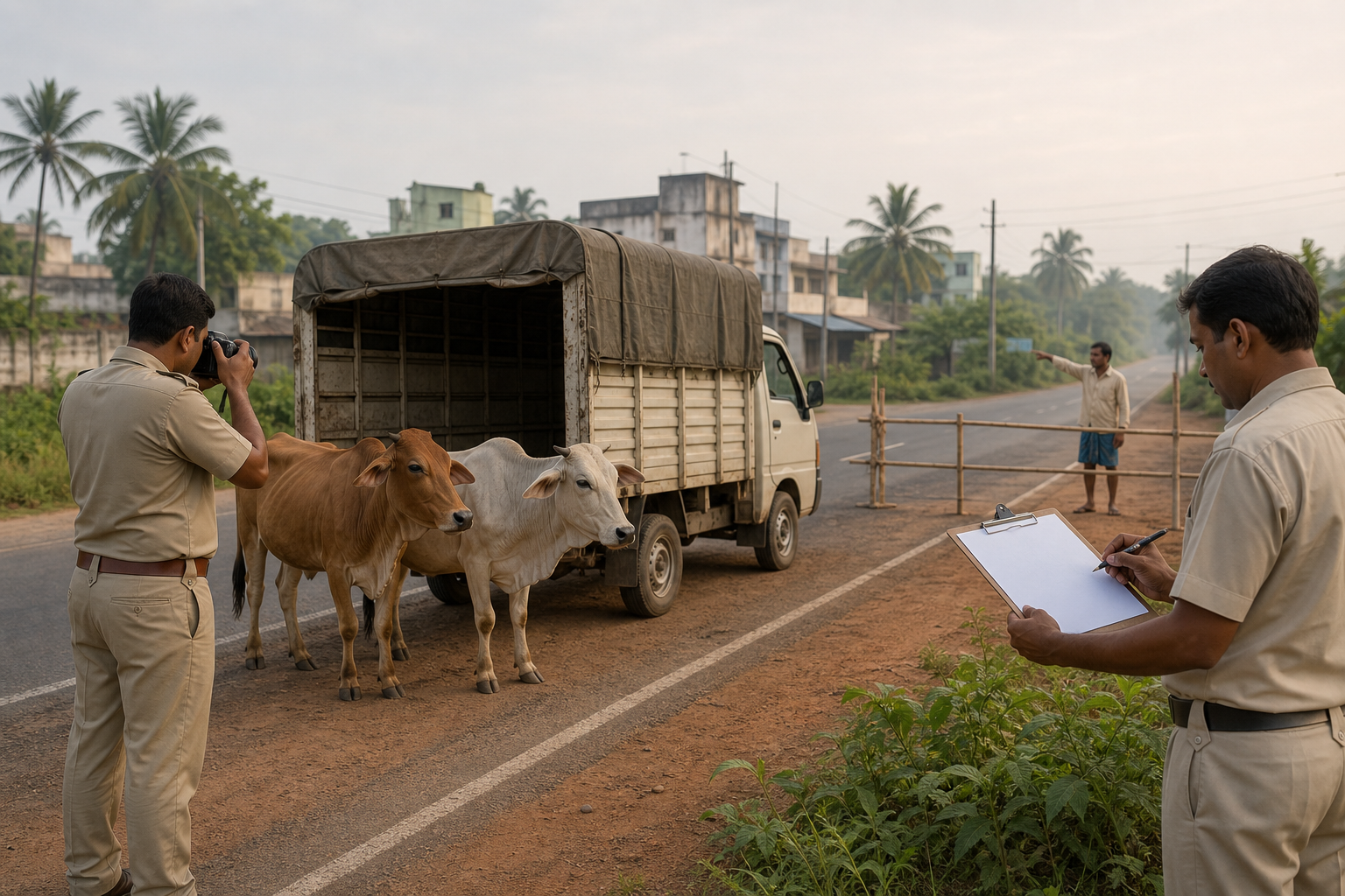 Officials document cattle beside an unbranded vehicle while a resident reports the scene from behind a safety barrier.