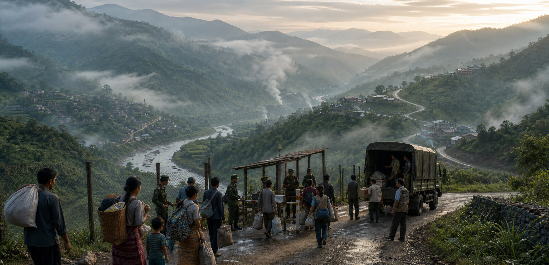 Border personnel, aid workers, displaced families and a freight truck at an organized crossing in the forested hills between Northeast India and Myanmar.