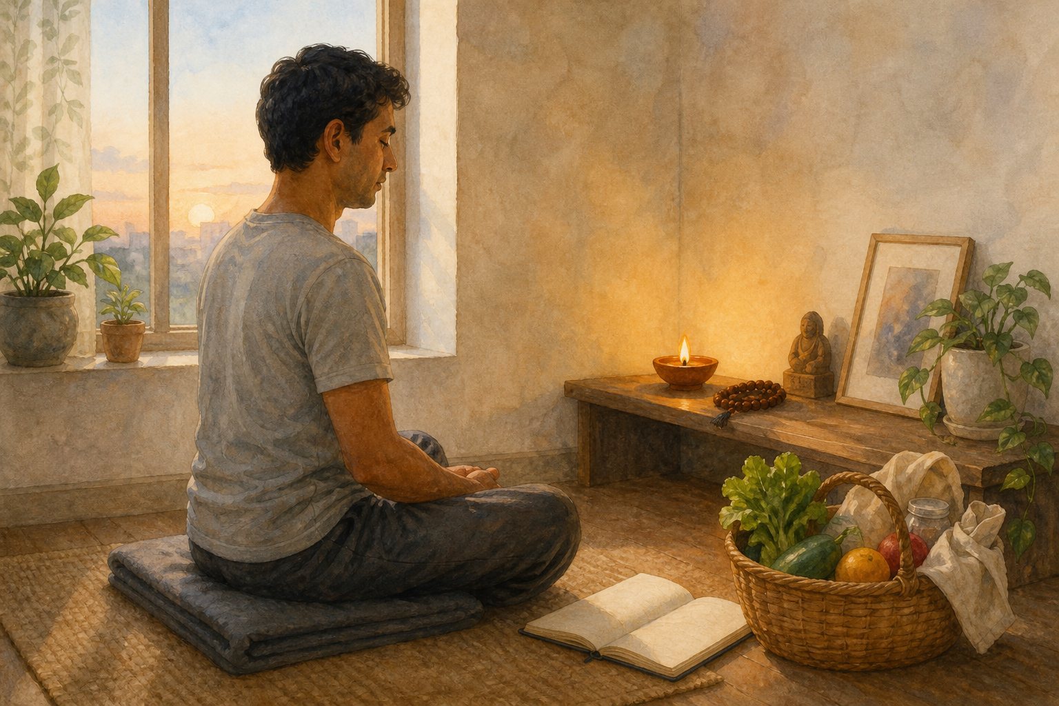 A person begins a dawn meditation beside a clay lamp, prayer beads, a blank journal, and a basket of groceries prepared for someone else.