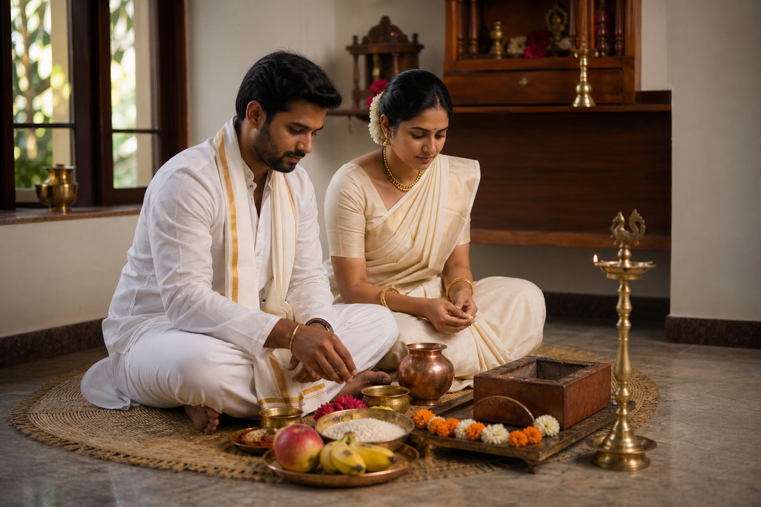 A newly married adult couple sits together beside a small home ritual arrangement with a brass lamp, copper vessel, flowers, fruit, grains, and an unlit fire vessel.