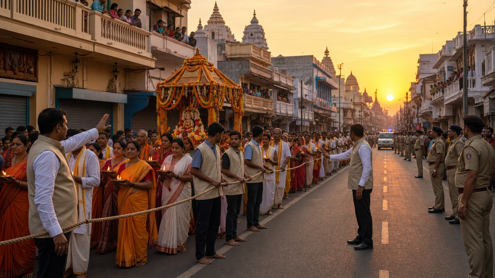 Volunteers and police keep an emergency lane open as a peaceful religious procession moves through an Odisha neighborhood.