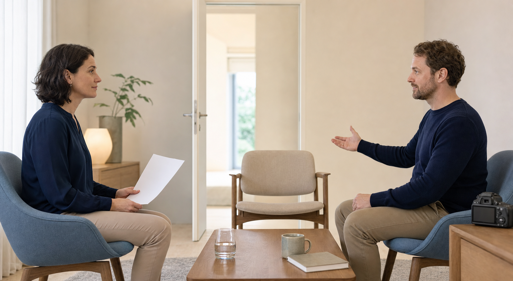 Two people meet at equal height in a private room with an open door, an empty support chair and a closed camera set aside.