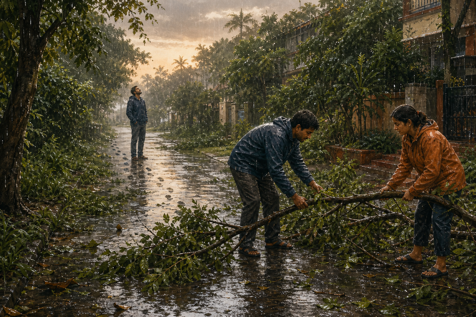 Two people clear a fallen branch from a rain-soaked footpath while light rain continues around them.