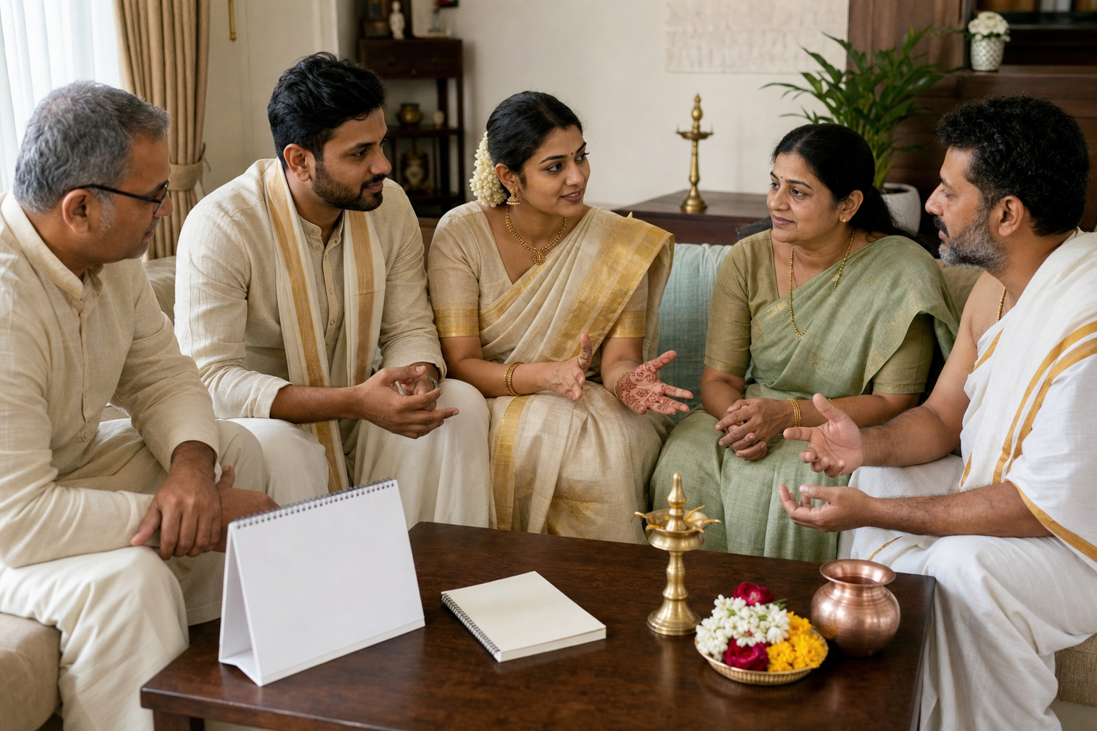 A newly married couple discusses a home ritual with two older relatives and a ritual specialist around a low table of ceremonial items.