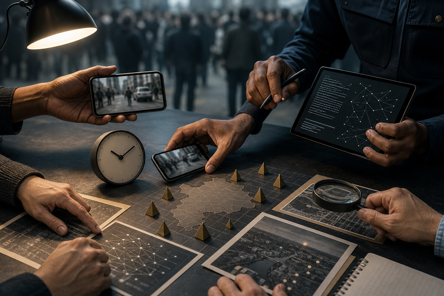 Hands pause over a smartphone while an investigator examines abstract digital evidence and location clues at a table.