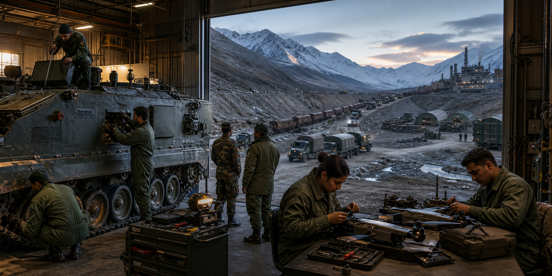 Indian military technicians maintain an armoured vehicle and drone components in a hangar connected visually to supply depots, freight transport, and a mountain-bound convoy.