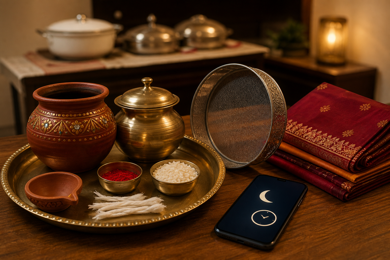 Karva Chauth supplies, folded clothing, a covered meal, and a phone with a moon icon are arranged on a table the night before the fast.