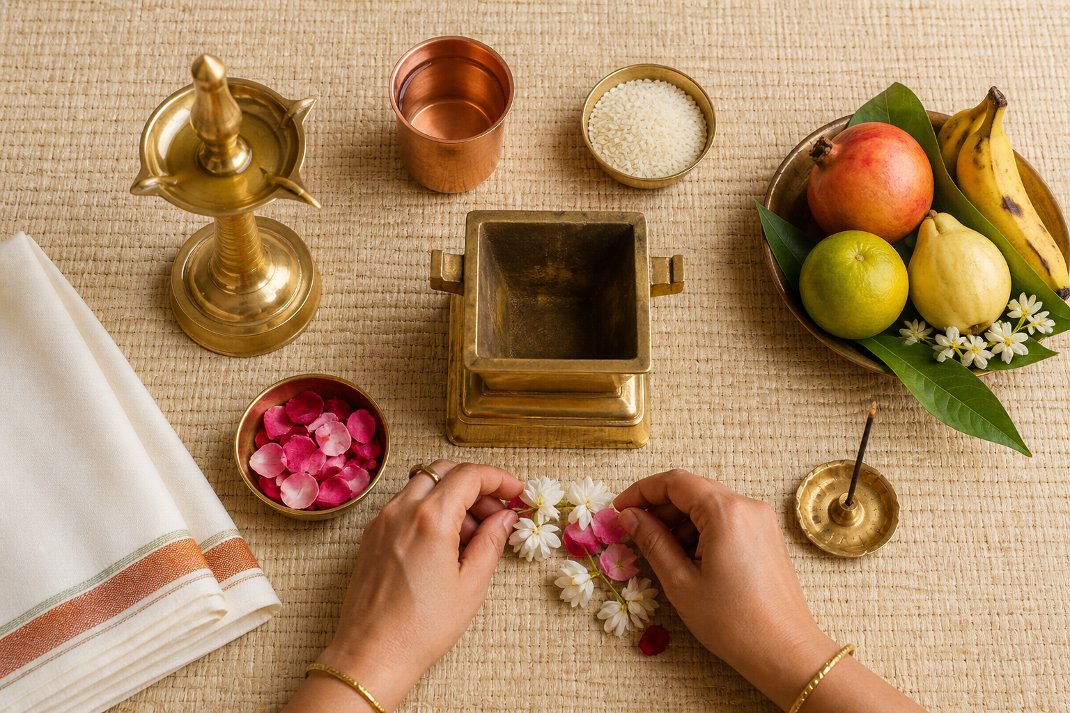 Two people arrange flowers beside a brass lamp, copper cup, rice, fruit, folded cloth, incense holder, and an unlit ritual fire vessel.