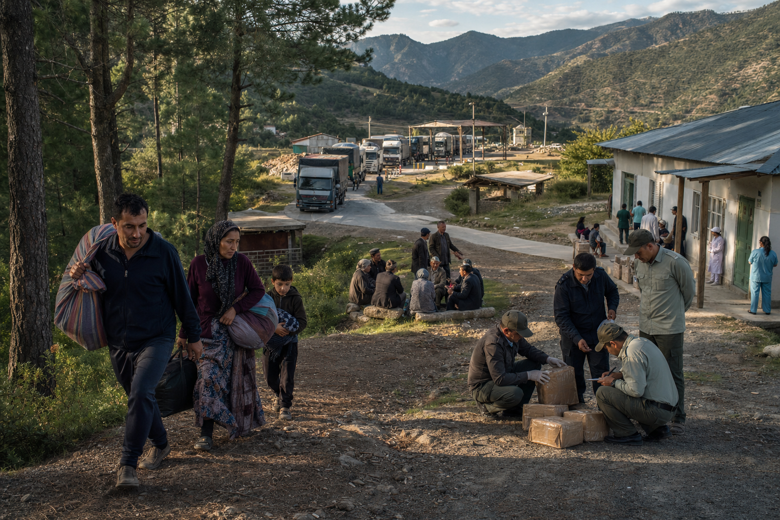 A border valley scene with displaced civilians, delayed cargo trucks, a busy clinic, a package inspection and a local community meeting.