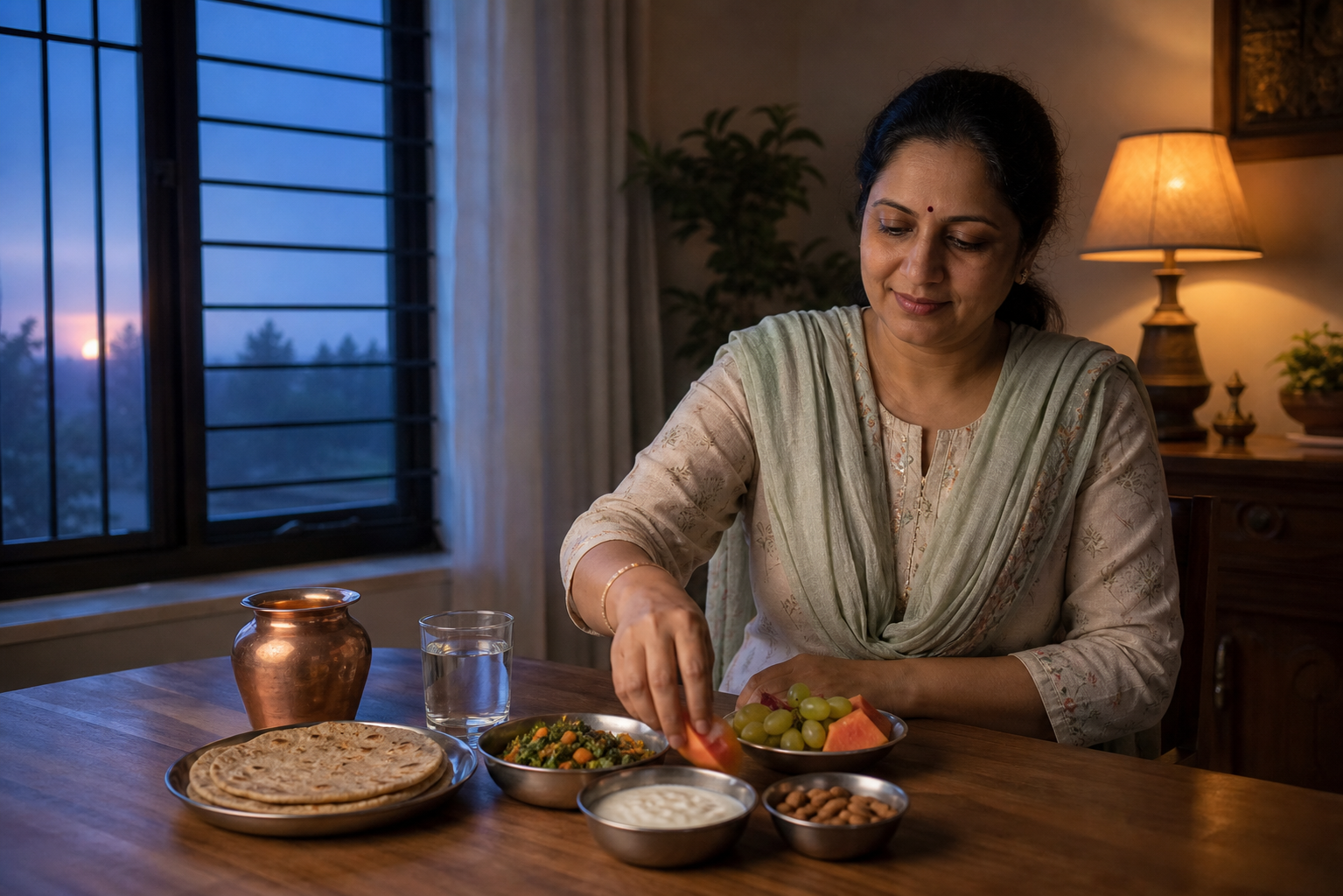 A woman eats a modest pre-dawn sargi meal of flatbread, vegetables, yogurt, nuts, fruit, and water at a softly lit table.