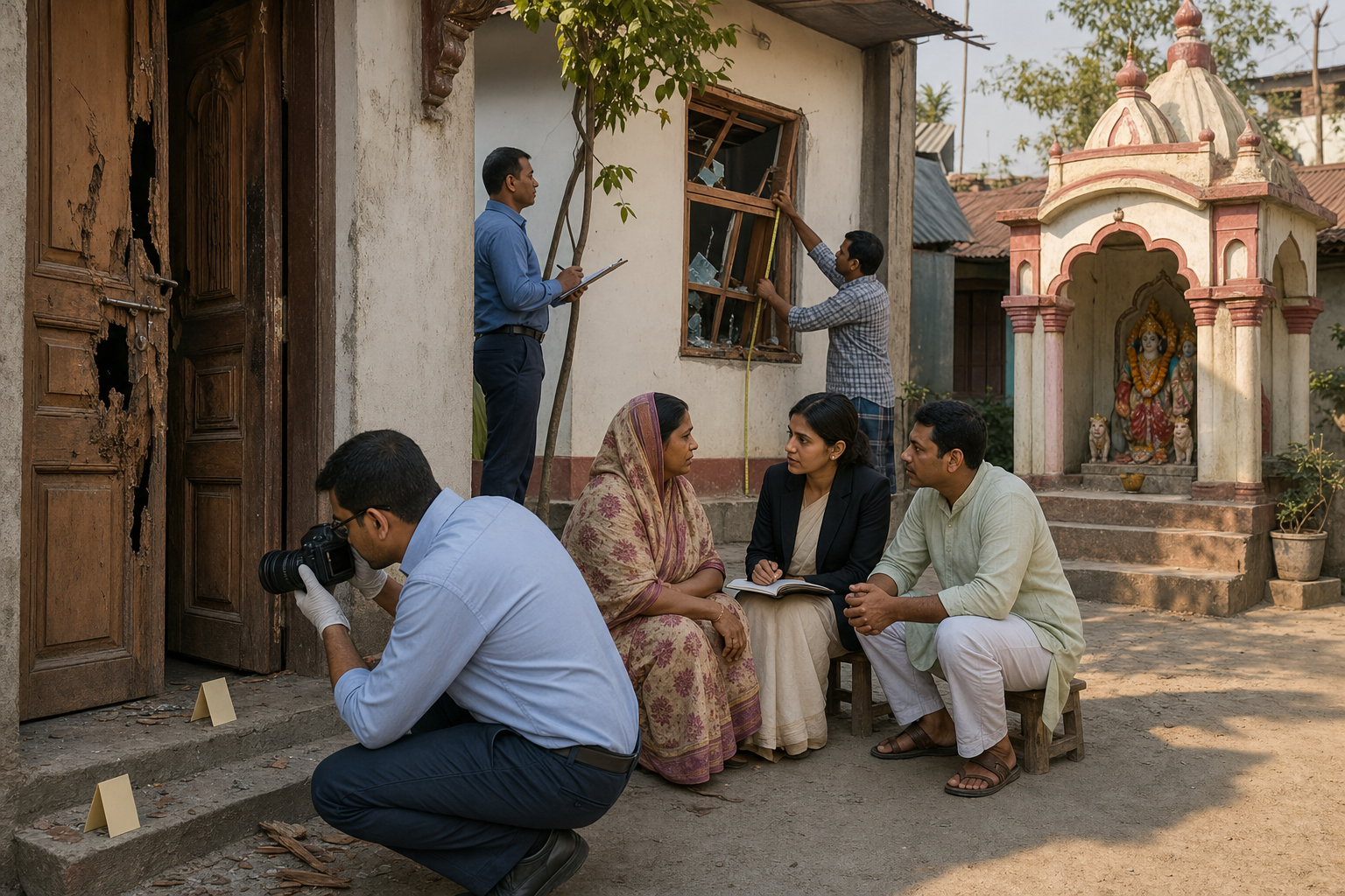 Hindu families receive medical attention and practical help in a Bangladeshi community shelter while officials verify reports and police secure the entrance.