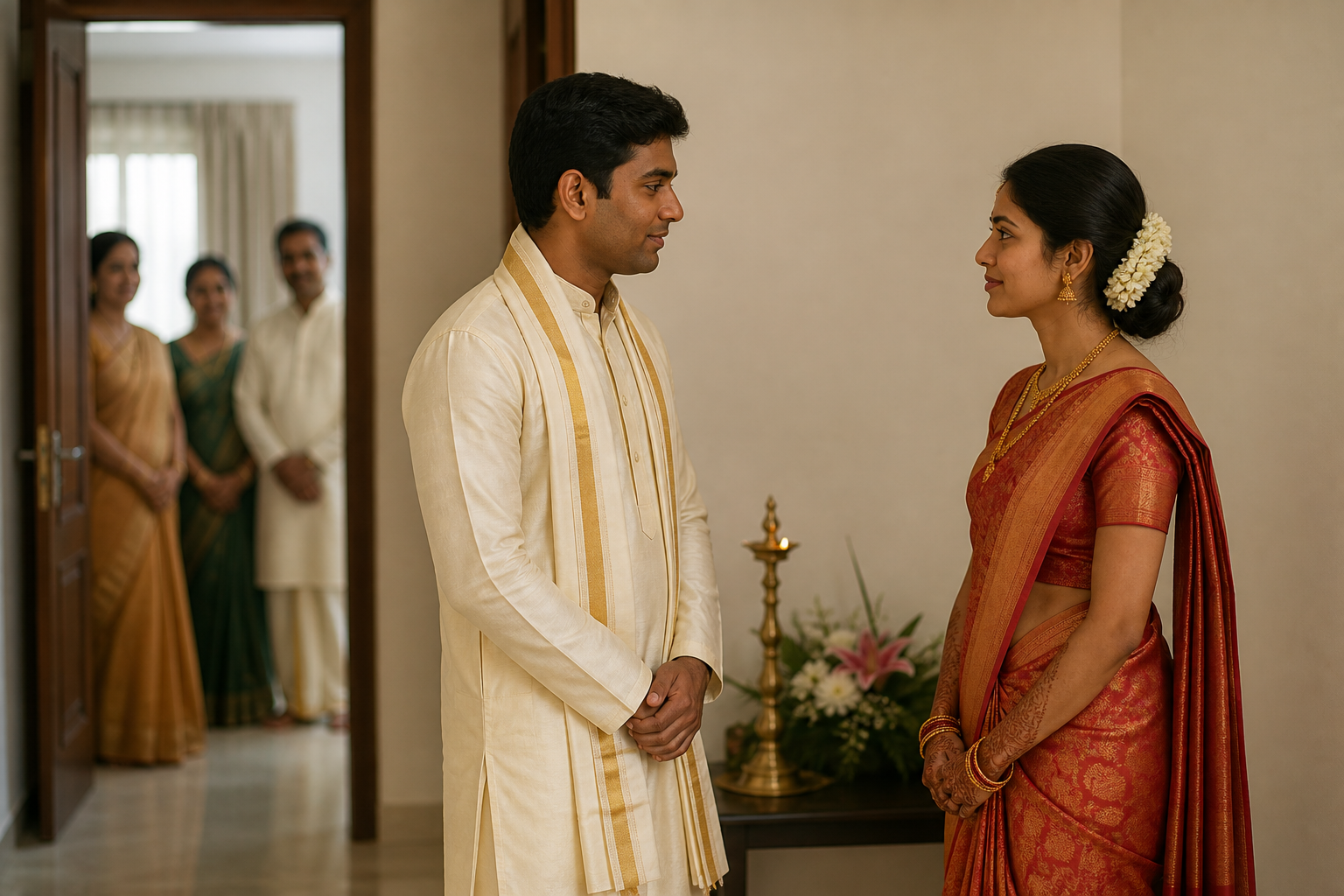 A newly married couple speaks privately in a quiet alcove while relatives wait respectfully in a separate room beyond the doorway.