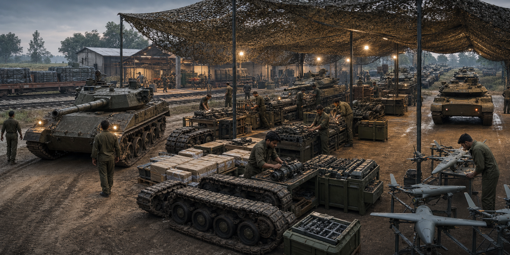 Technicians repair an armoured vehicle and refurbish spare parts at a dispersed depot beside a rail siding and parts workshop.