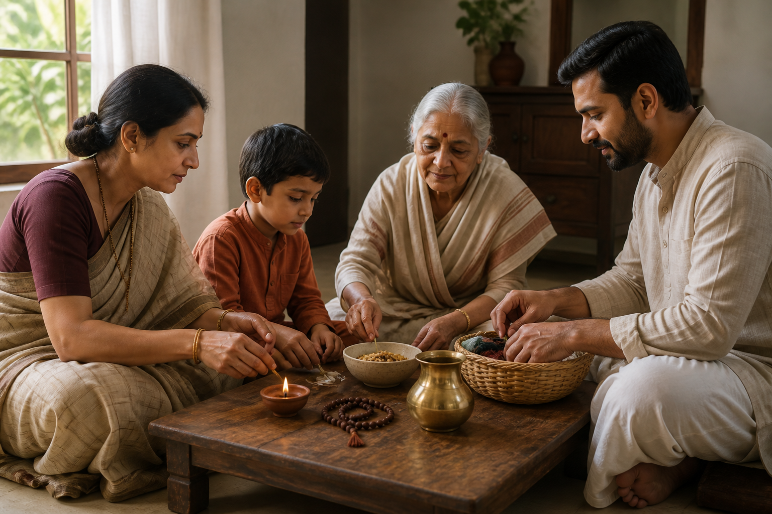 A multigenerational family sits together with a lamp, prayer beads, a water vessel, simple food, and a basket for giving as they prepare a shared household observance.