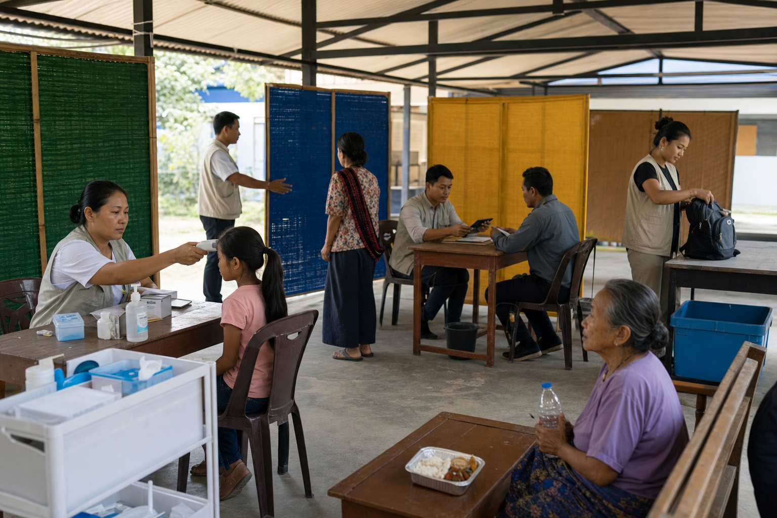 Health workers, officials and volunteers assisting and screening displaced people at an orderly reception center in a Northeast Indian border town.