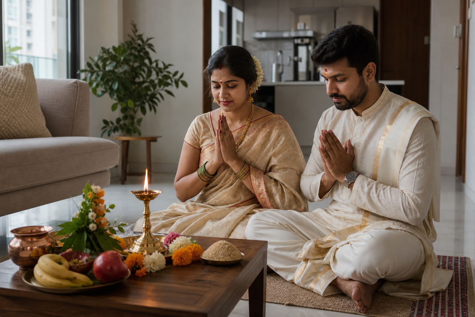 A newly married couple observes a simple lamp-centered ritual at a small altar in a contemporary apartment.
